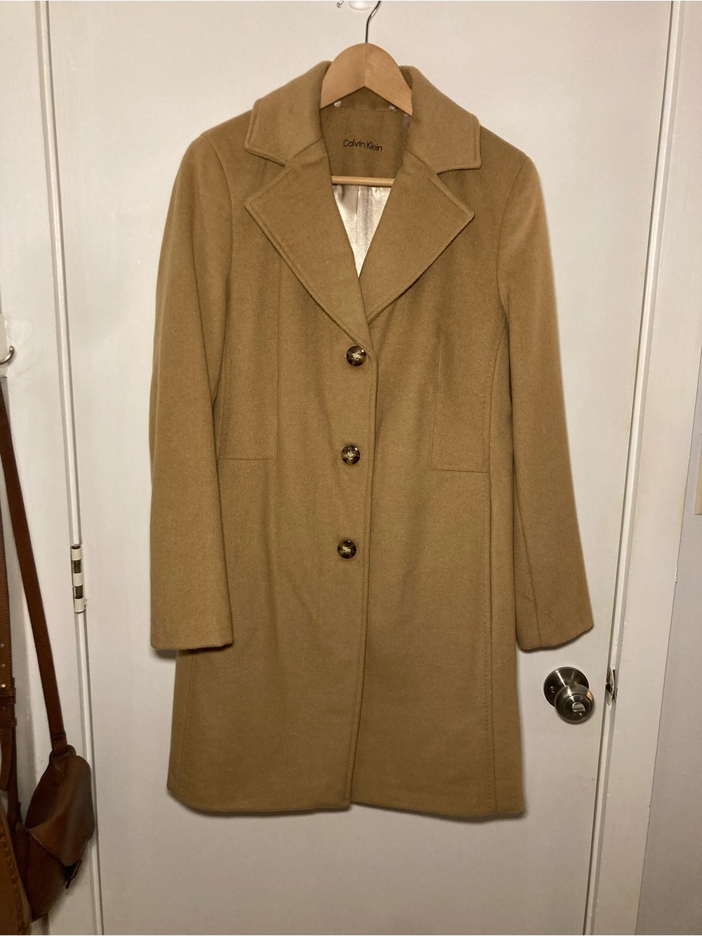 Calvin Klein Women's Camel Single-Breasted Wool-Blend Coat